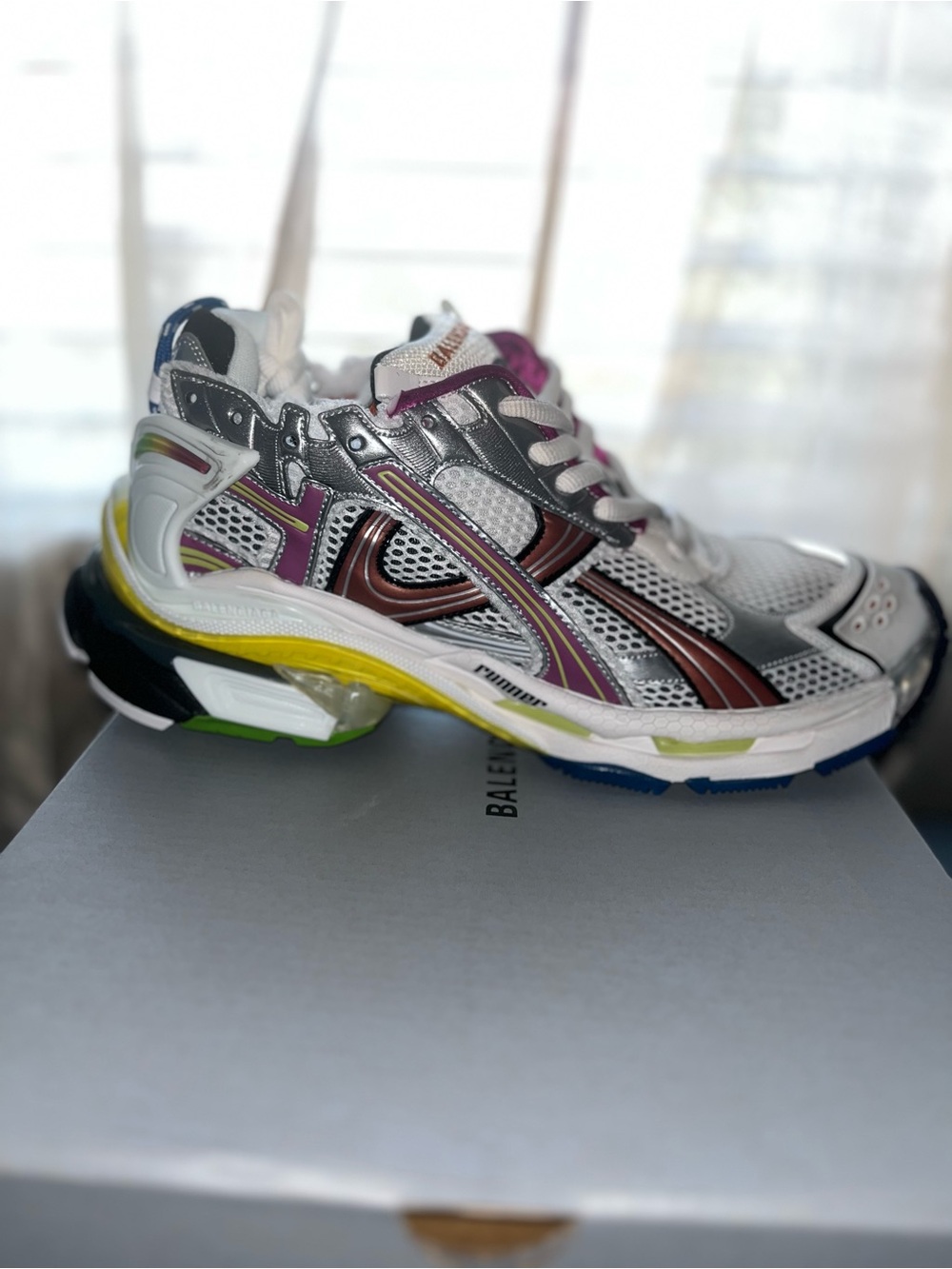 Balenciaga White Mesh Multicolor Accent Runner Sneaker